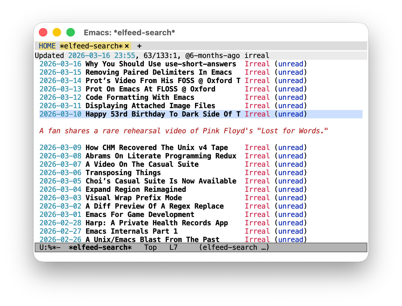 An elfeed buffer showing a summary of an RSS item generated via elfeed-summarize