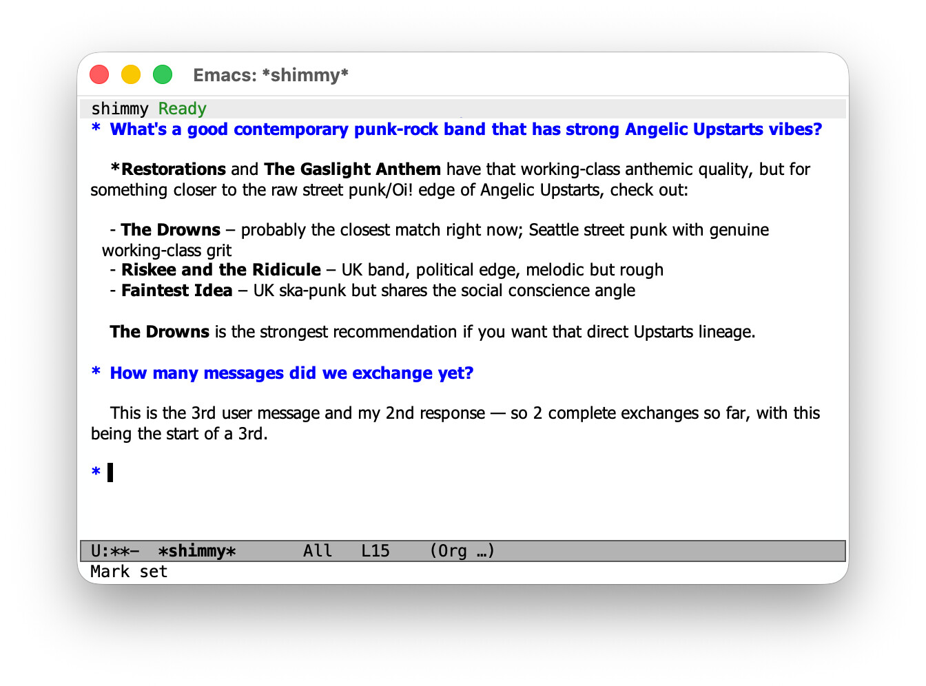 A gptel session buffer showing a conversation with shimmy