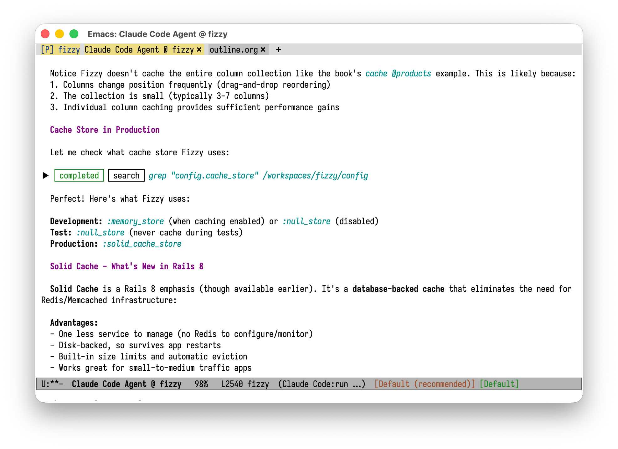 Claude Code in action via agent-shell (Emacs)