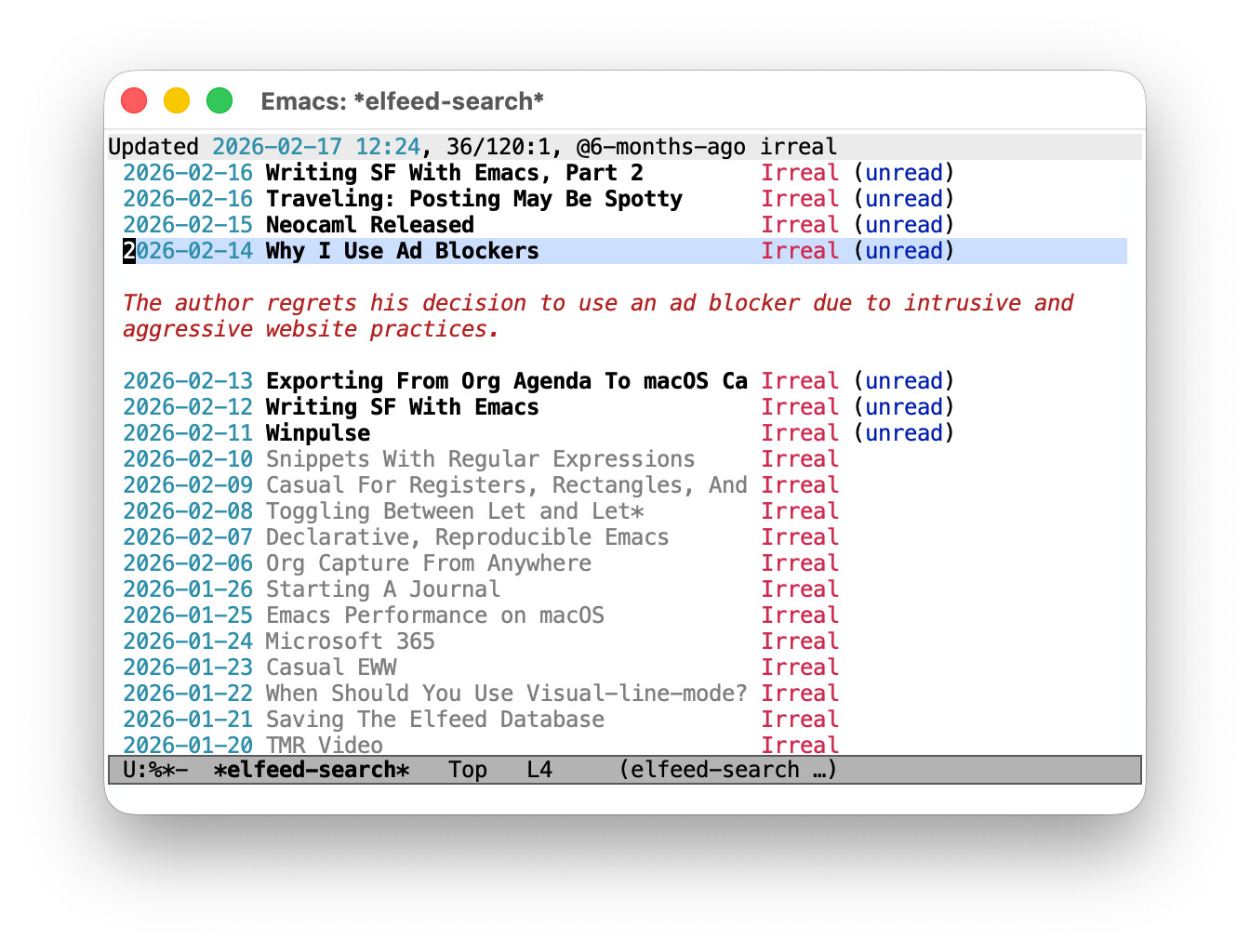 An elfeed search buffer; one of the entries displays a summary