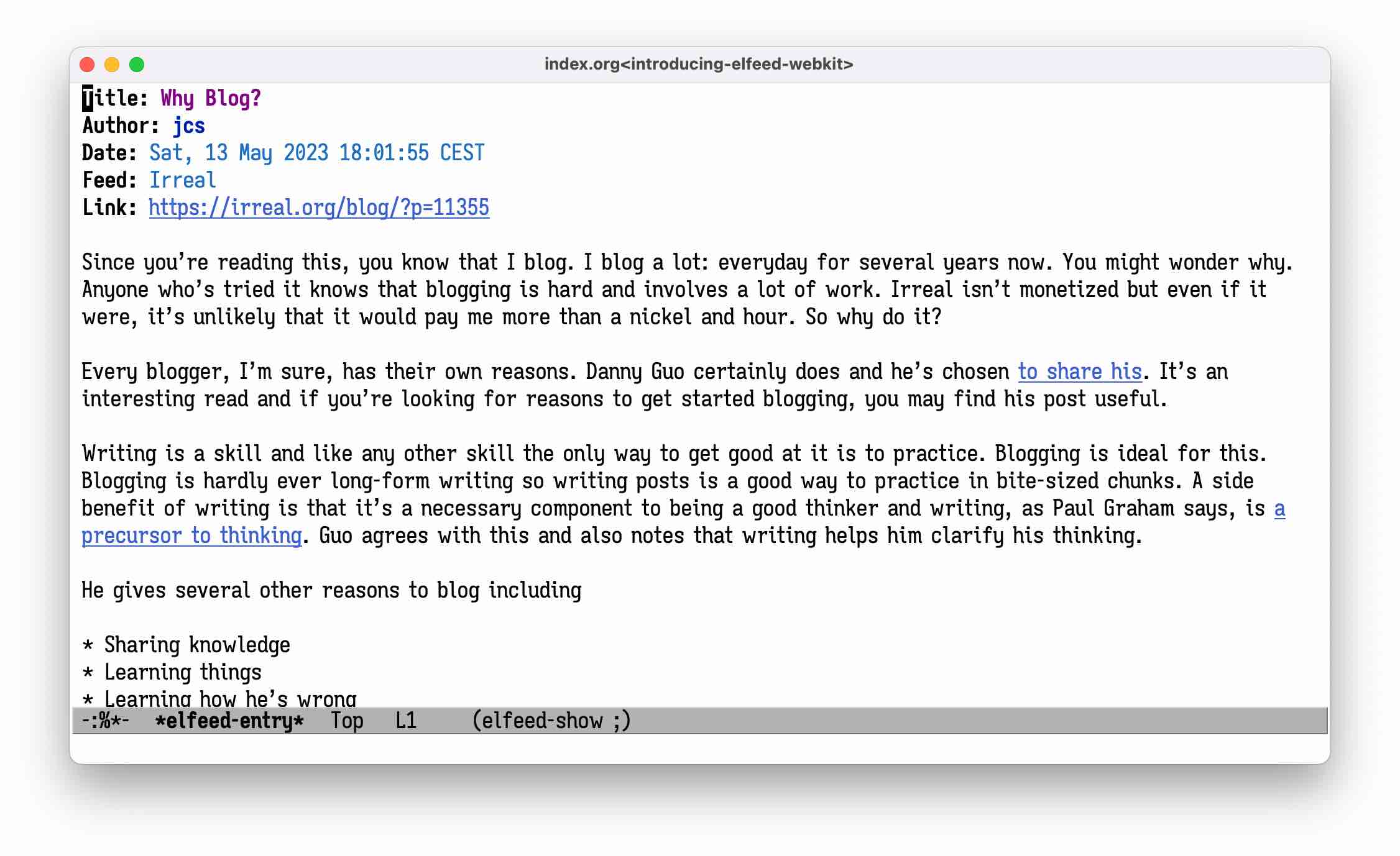A blog post rendered with elfeed's default